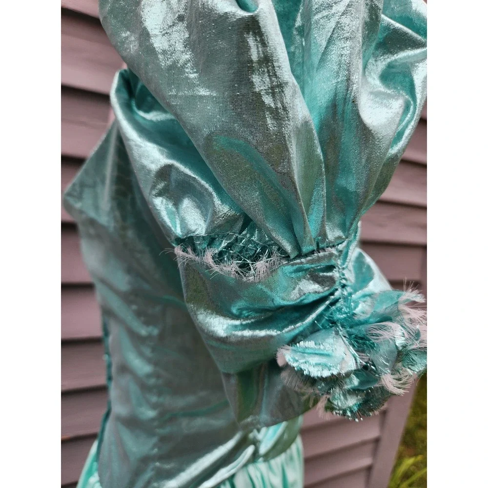 Vintage 80s Prom Dress Teal Metallic Lamé Puff Sleeve Maxi Bow Small